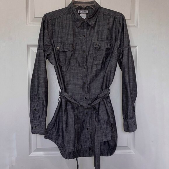 Columbia Snap Front Shirt Dress Womens Large Dark Gray Long Sleeve Roll Tab - Picture 1 of 11